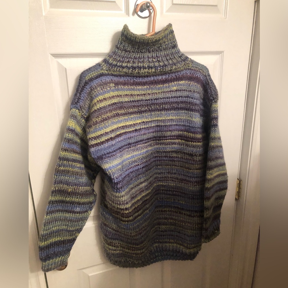Hand Crafted Multicolor Striped Turtleneck Sweater - Blue, Green, Purple